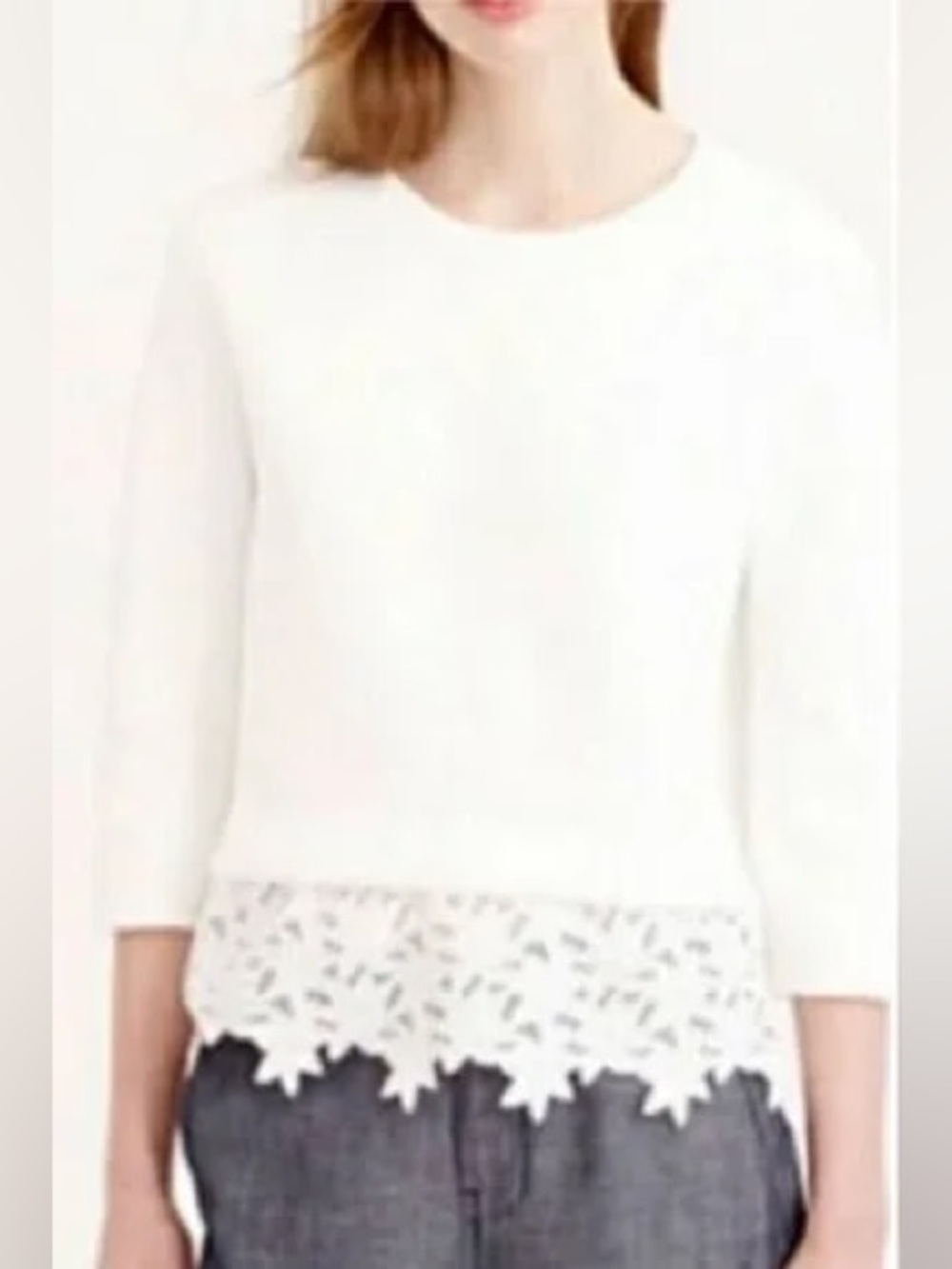 J Crew white sweater size L  with lace trim and 3/4 sleeves